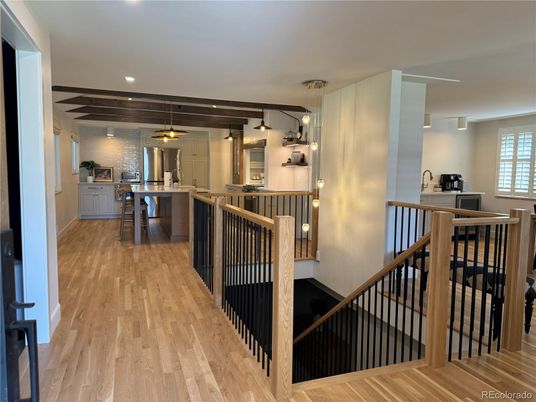 Dining room, Interior, Kitchen, Pendant Lights, Recessed Lighting, Wooden Beams, Wood Texture Flooring