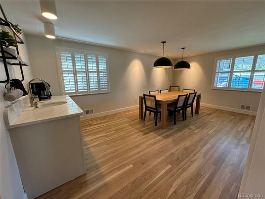 Dining room, Interior, Pendant Lights, Recessed Lighting, Wood Texture Flooring