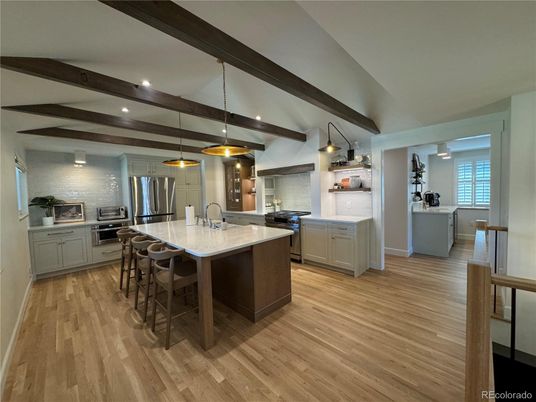 Interior, Kitchen, Pendant Lights, Recessed Lighting, Stainless Steel Appliances, Wooden Beams, Wood Texture Flooring