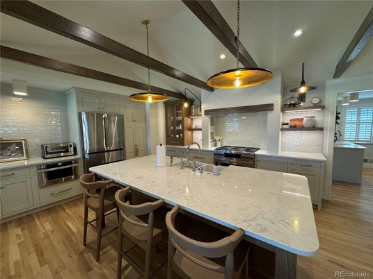 Interior, Kitchen, Pendant Lights, Recessed Lighting, Stainless Steel Appliances, Wood Texture Flooring