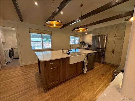 Interior, Kitchen, Pendant Lights, Recessed Lighting, Wood Texture Flooring