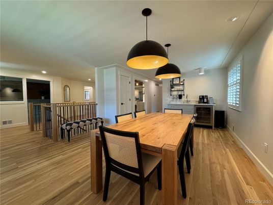Dining room, Interior, Kitchen, Pendant Lights, Recessed Lighting, Wood Texture Flooring