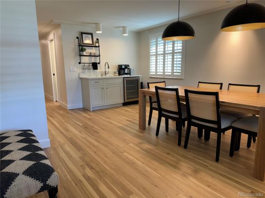 Dining room, Interior, Kitchen, Pendant Lights, Wood Texture Flooring