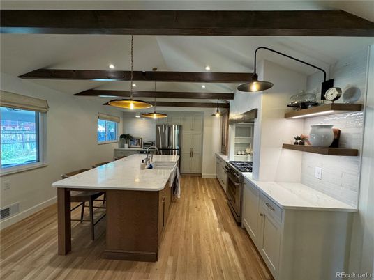 Interior, Kitchen, Pendant Lights, Recessed Lighting, Stainless Steel Appliances, Wooden Beams, Wood Texture Flooring