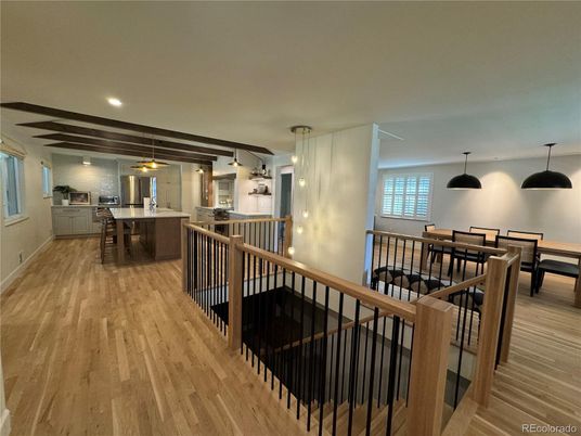 Dining room, Interior, Kitchen, Pendant Lights, Recessed Lighting, Wood Texture Flooring