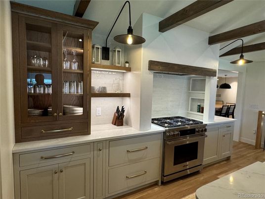 Interior, Kitchen, Pendant Lights, Stainless Steel Appliances, Wooden Beams, Wood Texture Flooring