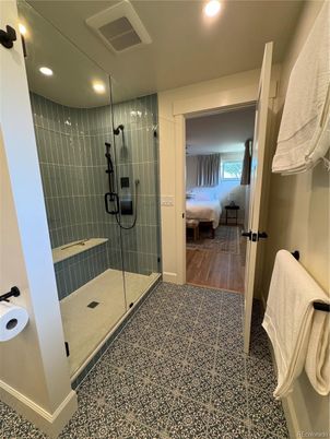 Bathroom, Bedroom, Glass Shower, Interior, Recessed Lighting, Wood Texture Flooring