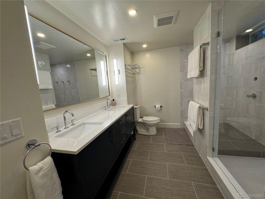 Bathroom, Dual Sink Vanities, Glass Shower, Interior, Recessed Lighting