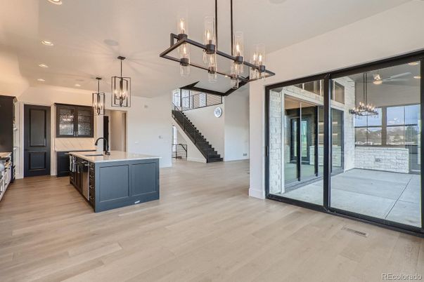 Chandelier, Interior, Kitchen, Pendant Lights, Recessed Lighting, Wood Texture Flooring