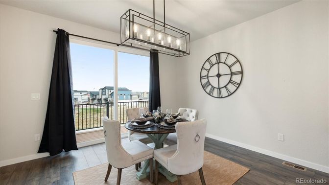 Dining room, Interior, Pendant Lights, Wood Texture Flooring