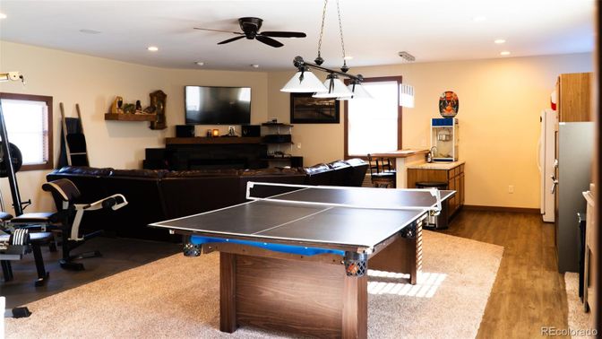 Billiard Table, Game Room, Interior, Pendant Lights, Recessed Lighting, Wood Texture Flooring