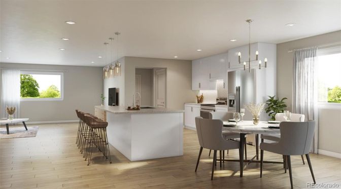 Dining room, Interior, Kitchen, Pendant Lights, Recessed Lighting, Stainless Steel Appliances, Wood Texture Flooring