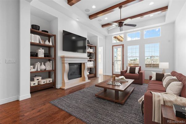 Fireplace, Interior, Living room, Recessed Lighting, Wooden Beams, Wood Texture Flooring