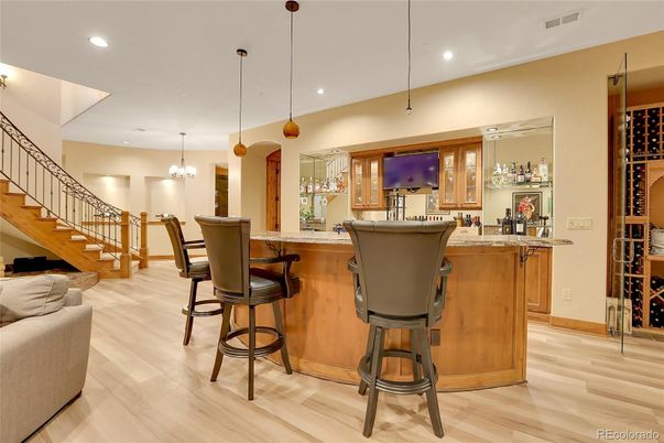 Chandelier, Interior, Pendant Lights, Recessed Lighting, Wine Storage, Wood Texture Flooring