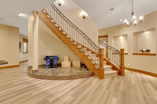 Chandelier, Interior, Recessed Lighting, Wood Texture Flooring
