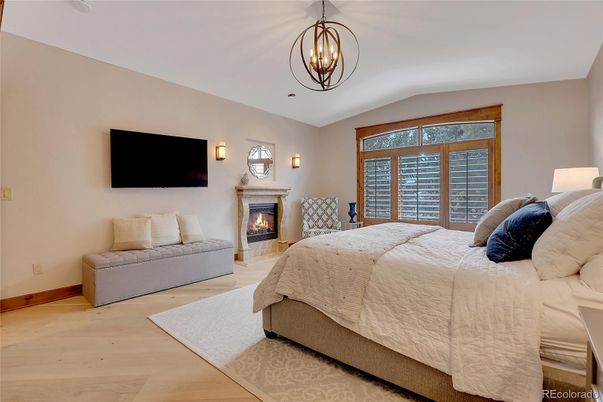 Bedroom, Fireplace, Interior, Pendant Lights, Wood Texture Flooring