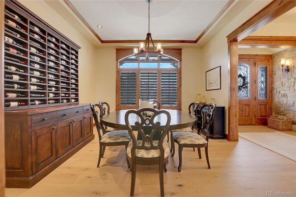 Dining room, Interior, Pendant Lights, Recessed Lighting, Wood Texture Flooring