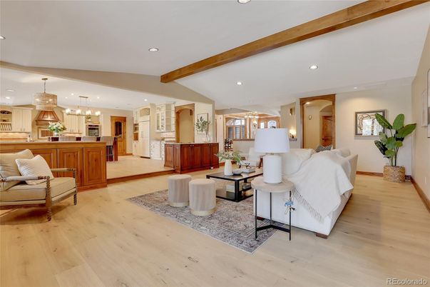 Interior, Kitchen, Living room, Pendant Lights, Recessed Lighting, Wooden Beams, Wood Texture Flooring