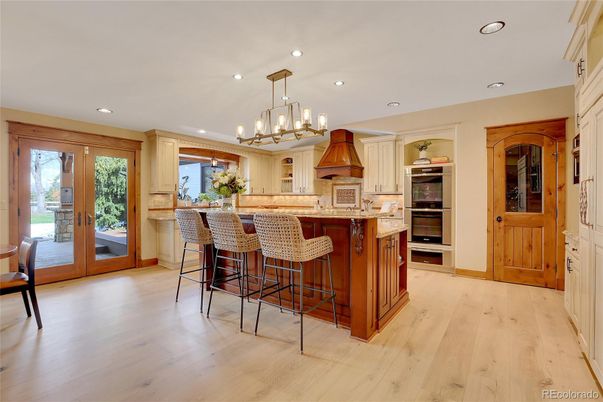 Chandelier, Interior, Kitchen, Recessed Lighting, Stainless Steel Appliances, Wood Texture Flooring