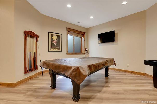 Billiard Table, Game Room, Interior, Recessed Lighting, Wood Texture Flooring