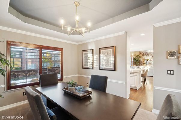 Chandelier, Dining room, Interior, Recessed Lighting, Wood Texture Flooring