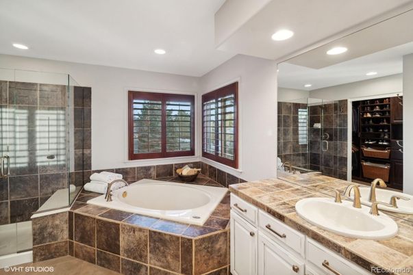 Bathroom, Dual Sink Vanities, Glass Shower, Interior, Recessed Lighting, Tile Countertops