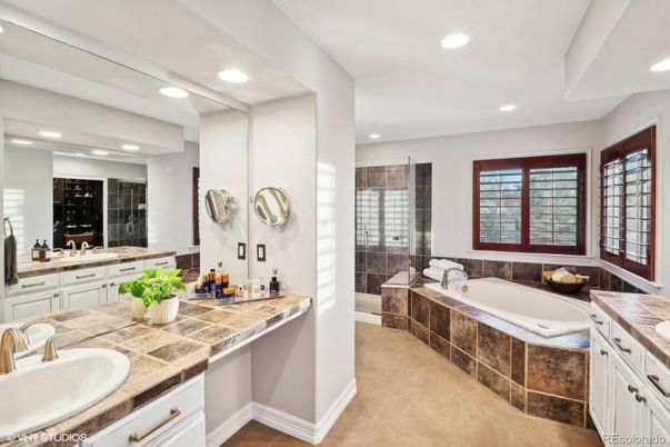Bathroom, Dual Sink Vanities, Glass Shower, Interior, Recessed Lighting, Tile Countertops