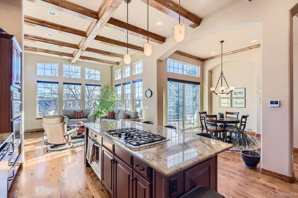 Chandelier, Dining room, Interior, Kitchen, Living room, Pendant Lights, Recessed Lighting, Wooden Beams, Wood Texture Flooring