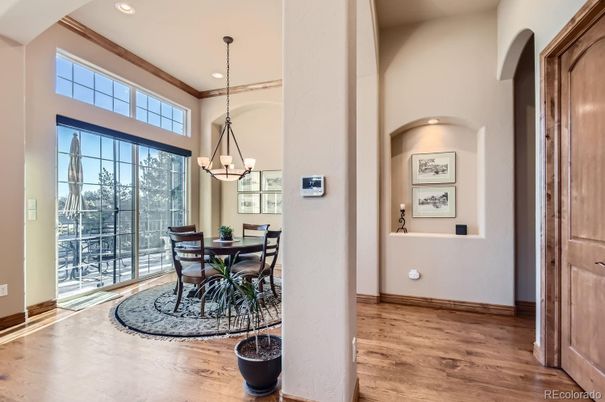 Chandelier, Dining room, Interior, Recessed Lighting, Wood Texture Flooring