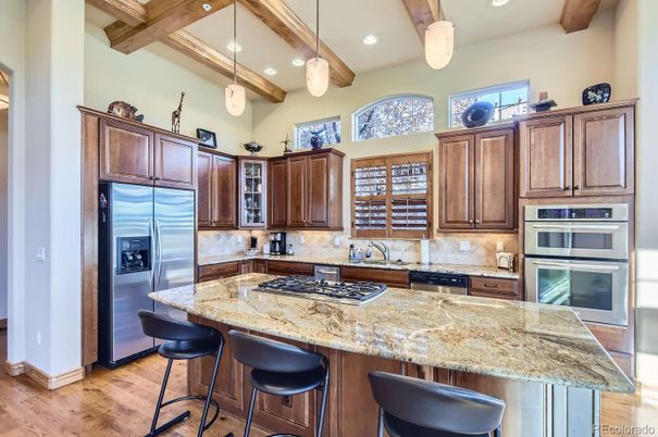 Interior, Kitchen, Pendant Lights, Recessed Lighting, Stainless Steel Appliances, Wooden Beams, Wood Texture Flooring