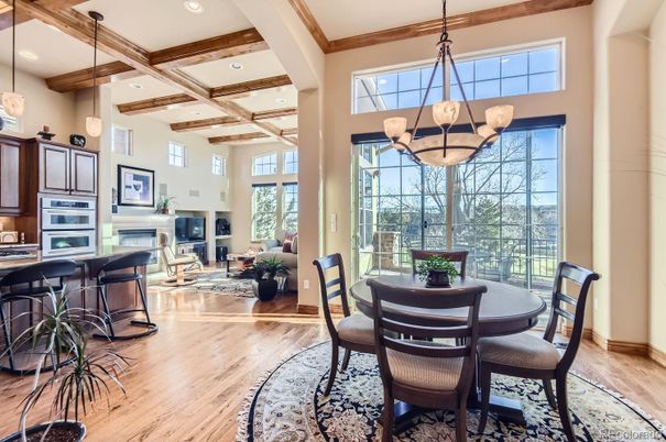 Chandelier, Dining room, Fireplace, Interior, Kitchen, Living room, Pendant Lights, Recessed Lighting, Wooden Beams, Wood Texture Flooring