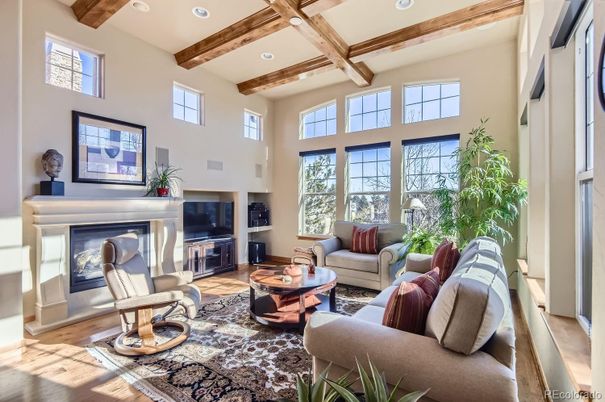 Fireplace, Interior, Living room, Recessed Lighting, Wooden Beams, Wood Texture Flooring