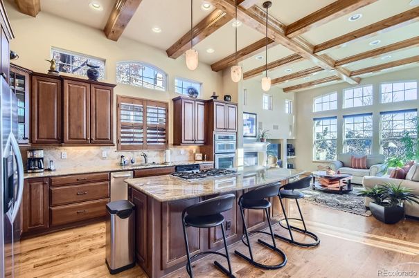 Interior, Kitchen, Living room, Pendant Lights, Recessed Lighting, Stainless Steel Appliances, Wooden Beams, Wood Texture Flooring