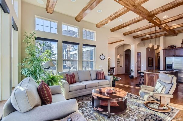 Interior, Kitchen, Living room, Pendant Lights, Recessed Lighting, Stainless Steel Appliances, Wooden Beams, Wood Texture Flooring