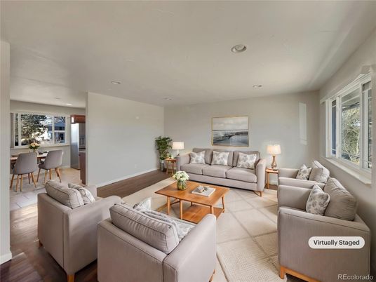 Dining room, Interior, Living room, Recessed Lighting, Wood Texture Flooring