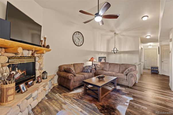 Fireplace, Interior, Living room, Pendant Lights, Wood Texture Flooring