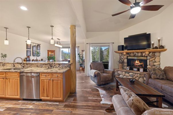 Fireplace, Interior, Kitchen, Living room, Pendant Lights, Recessed Lighting, Wood Texture Flooring
