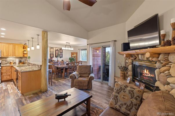 Dining room, Fireplace, Interior, Kitchen, Living room, Pendant Lights, Recessed Lighting, Wood Texture Flooring