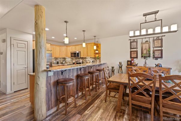 Dining room, Interior, Kitchen, Pendant Lights, Recessed Lighting, Wood Texture Flooring