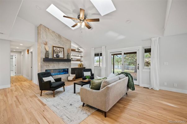 Fireplace, Interior, Living room, Recessed Lighting, Wood Texture Flooring