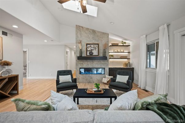 Fireplace, Interior, Living room, Recessed Lighting, Wood Texture Flooring