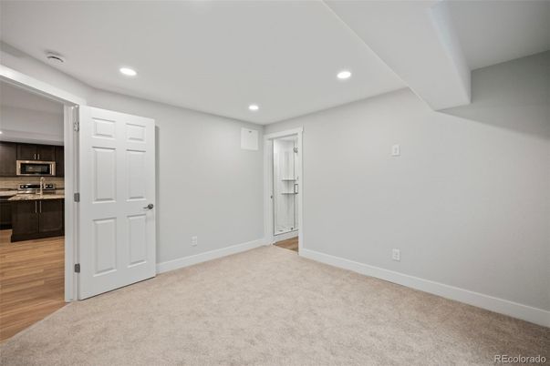 Empty room, Interior, Kitchen, Recessed Lighting, Wood Texture Flooring