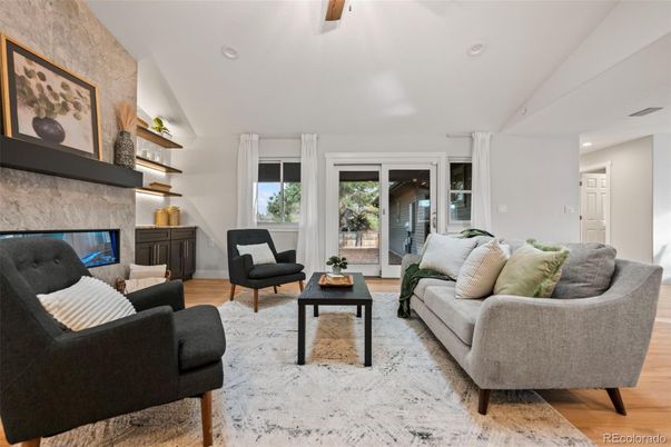 Fireplace, Interior, Living room, Recessed Lighting, Wood Texture Flooring