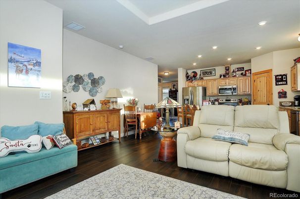 Interior, Kitchen, Living room, Recessed Lighting, Stainless Steel Appliances, Wood Texture Flooring
