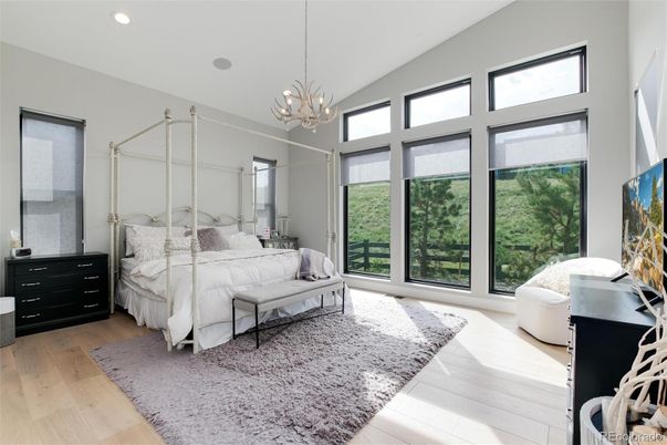 Bedroom, Chandelier, Interior, Recessed Lighting, Wood Texture Flooring