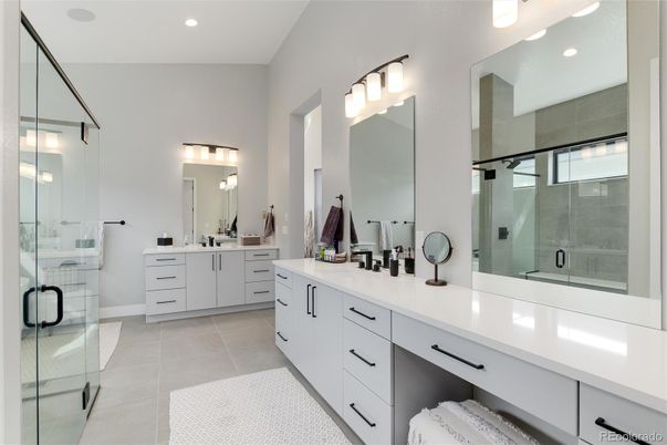 Bathroom, Dual Sink Vanities, Glass Shower, Interior, Recessed Lighting
