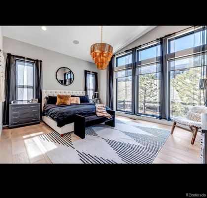 Bedroom, Chandelier, Interior, Recessed Lighting, Wood Texture Flooring