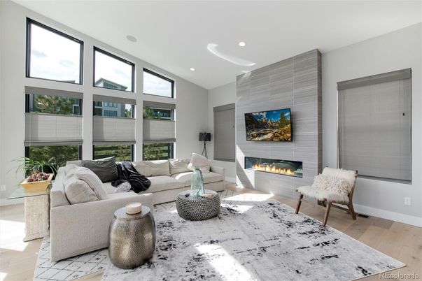 Fireplace, Interior, Living room, Recessed Lighting, Wood Texture Flooring