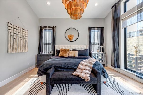 Bedroom, Chandelier, Interior, Recessed Lighting, Wood Texture Flooring