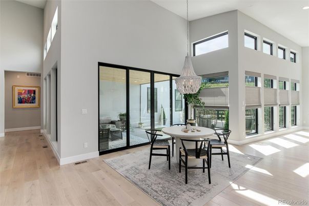 Chandelier, Dining room, Interior, Recessed Lighting, Wood Texture Flooring